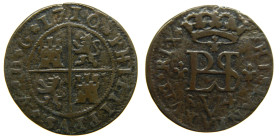 FELIPE V (1700-1746). 1710. Sevilla. 4 maravedís. (AC 97var.; JS tipo O3 var). Rara y variante no catalogada. Leyenda de reverso es PHILIIPPVS V D G 1...