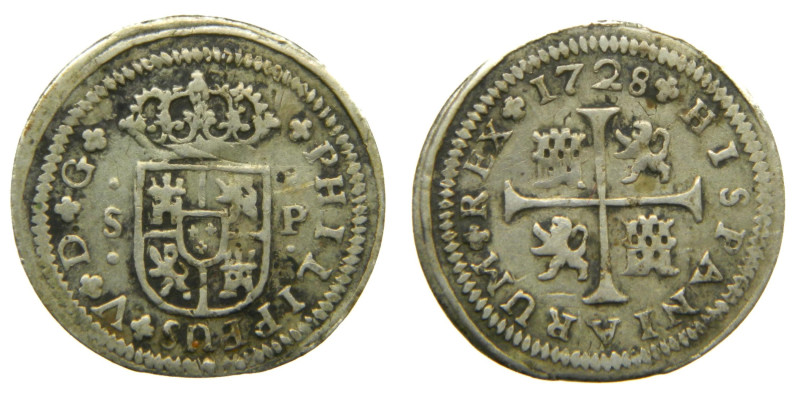 FELIPE V (1700-1746). 1728 P. Sevilla. 1/2 real. (AC 336). 1,17 gr. Rara.

MBC...