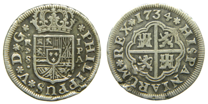 FELIPE V (1700-1746). 1734 PA. Sevilla. 1 real. (AC 658). 2,77 gr. Defecto en ca...