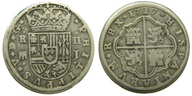 FELIPE V (1700-1746). 1717 J Segovia. 2 reales. (AC 944). 4,67 gr. Acueducto de 2 arcos y 1 piso.

MBC