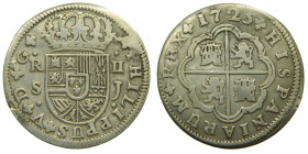 FELIPE V (1700-1746). 1725 J. Sevilla. 2 reales. (AC 983). 5,31 gr. 

MBC-