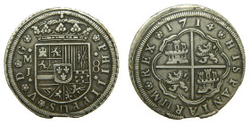 FELIPE V (1700-1746). 1714 J. Madrid. 8 reales. (AC 1342). 26,72 gr Ar. Fallos en canto y grafila. Ex Cayon 2/12

MBC+