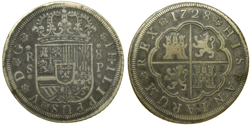 FELIPE V (1700-1746). 1728 P. Sevilla. 8 reales. (AC 1619). 26,03 gr Ar. Fallo e...