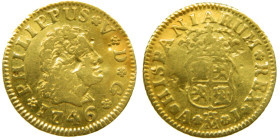 FELIPE V (1700-1746). 1746 AJ. Madrid. 1/2 escudo. (AC 1639). Au 1,74 gr. Marquitas en anverso.

BC