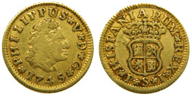 FELIPE V (1700-1746). 1745/4 PJ. Sevilla. 1/2 escudo. (AC 1650). Au 1,78 gr.

MBC+