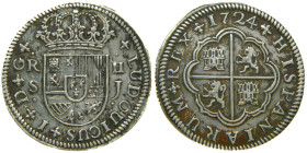 LUIS I. 1724 Sevilla. 2 reales. (AC 29) 5,52 gr Ar. LUDOUICUS. Rayitas. Rara.

MBC+