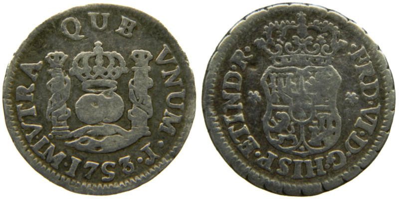 FERNANDO VI (1746-1759). 1753/2 J. Lima. 1/2 real. Columnario (AC 51). 1,63 gr. ...
