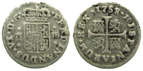 FERNANDO VI (1746-1759). 1758 JB. Madrid. 1/2 real. (AC 76). 1,35 gr. 

BC+