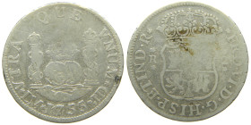 FERNANDO VI (1746-1759). 1755 JD. Lima. 2 reales. Columnario. (AC 271). 6,32 gr. 

BC