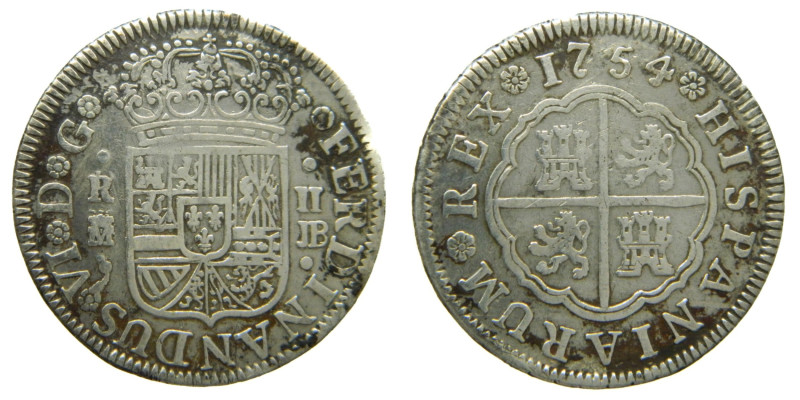 FERNANDO VI (1746-1759). 1754 JB. Madrid. 2 reales. (AC 280). 5,59 gr. Limpiada....