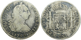 CARLOS IV (1788-1808). 1790 DA. Santiago. 8 reales. (AC 1017). 26,57 gr. Busto de Carlos III. Ordinal IV. Raro.

MBC-