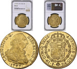 CARLOS IV (1788-1808). 1797 DA. Santiago. 8 escudos. (AC 1762). Encapsulada por NGC MS62. Brillo original.

MS62
