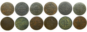 CATALUNYA NAPOLEONICA (1808-1814). 1808, 1809, 1810, 1811, 1812 y 1814. Barcelona. Lote 6 monedas de 4 cuartos. (AC 14, 15, 16, 17, 18 y 22). A examin...