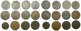 FERNANDO VII (1808-1833). 1820, 1822, 1823, 1826, 1828, 2 x 1829, 1830 y 4 sin fecha visible. Manila. Lote 12 piezas de 1 octavo y 11 cuartos. (AC 86,...