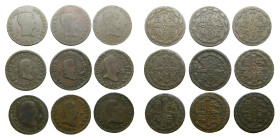 FERNANDO VII (1808-1833). 1813, 1814, 1815, 1817, 1819, 1820, 1824, 1826 y 1827. Jubia. Lote 9 monedas de 2 maravedís. (AC 125, 126, 128, 130, 133, 13...