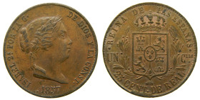 ISABEL II (1833-1868). 1857. Segovia. 25 céntimos de real. (AC 190). Ae 9,52 gr. 

EBC+/SC-