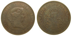 Prueba no adaptada. ISABEL II (1833-1868). 1865 Madrid. 5 céntimos de escudo. (AC 252). Ø 32 mm. Ae 12,49 gr. Rarisima

SC
