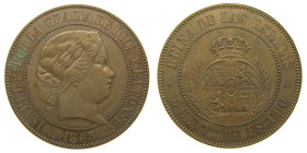 Prueba no adaptada. ISABEL II (1833-1868). 1865 Madrid. 5 céntimos de escudo. (AC 253). Ø 32 mm. Ae 12,49 gr. Rarisima

SC