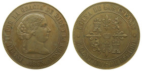 Prueba no adaptada. ISABEL II (1833-1868). 1865 Madrid. 5 céntimos de escudo. (AC 254). Ø 32 mm. Ae 12,49 gr. Rarisima

SC