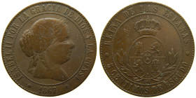 ISABEL II (1833-1868). 1867 OM. Sevilla. 5 céntimos de escudo. (AC 261). Ae 12,22 gr. 

MBC