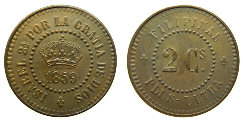 Prueba no adoptada. ISABEL II (1833-1868). 1859. Manila. 2 centavos. (AC 263). (...