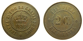 Prueba no adoptada. ISABEL II (1833-1868). 1859. Manila. 2 centavos. (AC 263). (Basso 74) (KM. Pn13). Ae 9,91 gr. Rara.

SC-