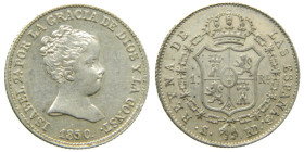 ISABEL II (1833-1868). 1850 RD. Sevilla. 1 real. (AC 317,1). Marca de ceca sobre M. . Primer busto. Rara rectificación. 1,26 gr. 

EBC