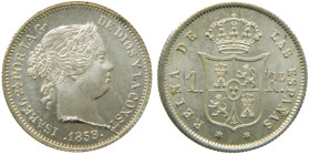 ISABEL II (1833-1868). 1859. Madrid. 1 real. (AC 308). 1,32 gr. Exceso de metal en busto. Brillo original. Espectacular.

SC