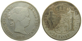ISABEL II (1833-1868). 1859. Madrid. 20 reales. (AC 616). 26,07 gr. 

MBC