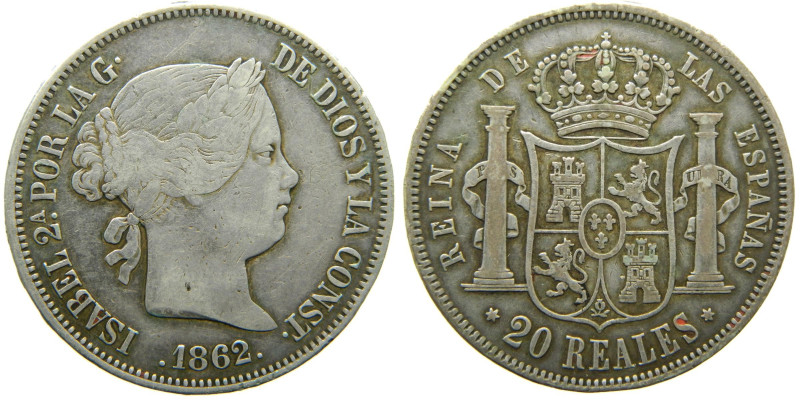 ISABEL II (1833-1868). 1862. Madrid. 20 reales. (AC 620). 25,71 gr. 

MBC