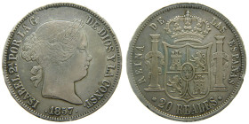 ISABEL II (1833-1868). 1857. Sevilla. 20 reales. (AC 634). 25,83 gr. 

MBC