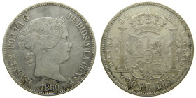ISABEL II (1833-1868). 1860. Sevilla. 20 reales. (AC 639). 25,79 gr. 

MBC