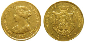 ISABEL II (1833-1868). 1866. Madrid. 4 Escudos. (AC 689) AU 3,35 gr. Brillo original.

EBC+