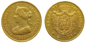 ISABEL II (1833-1868). 1867. Madrid. 4 Escudos. (AC 691) AU 3,36 gr. Brillo original.

EBC+