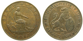 GOBIERNO PROVISIONAL Y I REPUBLICA (1868-1871 / 1873-1874). 1870 OM. Barcelona. 5 céntimos. (AC 5). Ae 5,10 gr. 

EBC