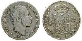 ALFONSO XII. 20 centavos de peso. 1882. Manila (Filipinas). (AC 107). 5,07 gr. 

BC+/MBC-