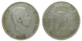 ALFONSO XII. 50 centavos de peso. 1883. Manila (Filipinas). (AC 120). Cuño roto en anverso. 12,86 gr. 

(MBC/EBC)