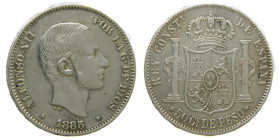 ALFONSO XII. 50 centavos de peso. 1885. Manila (Filipinas). (AC 124). Cuño roto en anverso. 12,92 gr.

MBC/EBC-