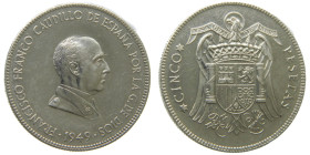 ESTADO ESPAÑOL. Francisco Franco (1939-1975). 1949. *19-49 5 pesetas. Prueba no adaptada (AC 92) Ø 33 mm 14,92 gr. Canto estriado. Brillo original. Ex...