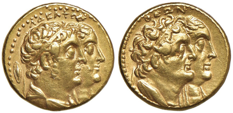 EGITTO Tolomeo II con Arsinoe II (285-246 a.C.) Tetradramma in oro - Busti diade...