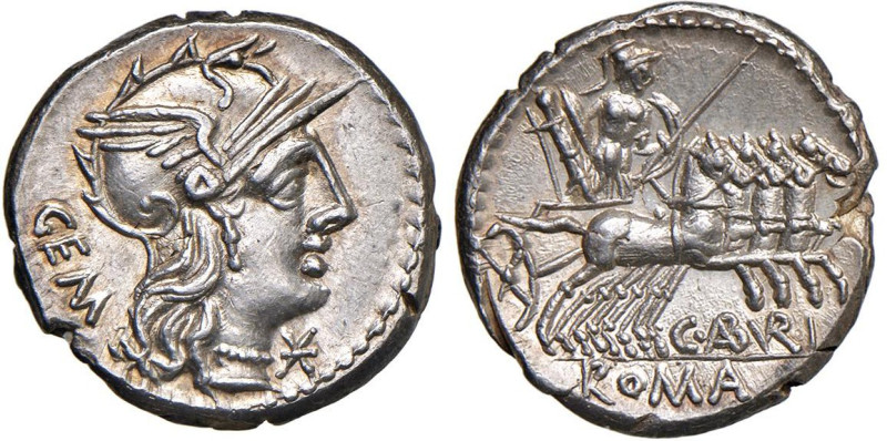 Aburia - C. Aburius Geminus - Denario (134 a.C.) Testa di Roma a d. - R/ Marte s...