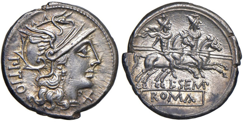 Sempronia - L. Sempronius Pitio - Denario (148 a.C.) Testa di Roma a d. - R/ I D...