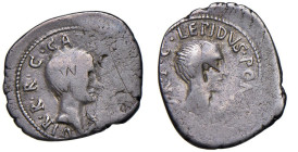 Lepido - Denario (zecca itinerante, 42 a.C.) Testa a d. - R/ Testa a d. di Ottaviano - Cr. 495/2a AG (g 3,89) RR Contromarche e graffietti. Da notare ...