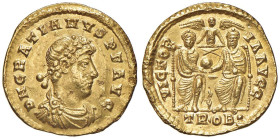 Graziano (367-383) Solido (Treviri) Busto diademato a d. - R/ Gli imperatori seduti di fronte - RIC 17g AU (g 4,47) RR Colpi al D/

Status: BB