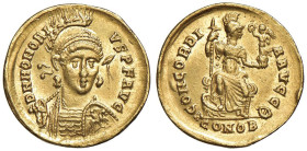 Onorio (393-423) Solido (Costantinopoli) Busto elmato di fronte - R/ Costantinopoli seduta di fronte - RIC 8 AU (g 4,40) X graffito nel campo del D/, ...