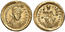 Onorio (393-423) Solido (Costantinopoli) Busto elmato di fronte - R/ Costantinopoli seduta di fronte - RIC 8 AU (g 4,45) Schiacciature dovute ad una p...