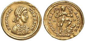 Onorio (393-423) Solido (Mediolanum) Busto diademato a d. - R/ L'imperatore stante a d. - RIC 1206 AU (g 4,43) Colpetto al D/

Status: BB/BB+