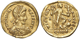 Onorio (393-423) Solido (Ravenna) Busto diademato a d. - R/ L'imperatore stante a d. - RIC 1287 AU (g 4,43) Piccoli segni di montatura al bordo e graf...