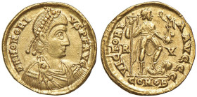 Onorio (393-423) Solido (Ravenna) Busto diademato a d. - R/ L'imperatore stante a d. - RIC 1287 AU (g 4,43) Una modesta striatura al D/

Status: BB+