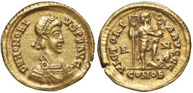 Onorio (393-423) Solido (Roma) Busto diademato a d. - R/ L'imperatore stante a d. - RIC 1252 AU (g 4,46) Una piccola frattura del tondello ed una scre...